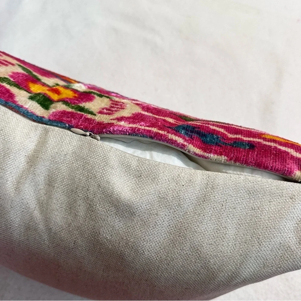 Handwoven silk velvet Ikat cushion, pillow down insert vibrant tribal pattern‌